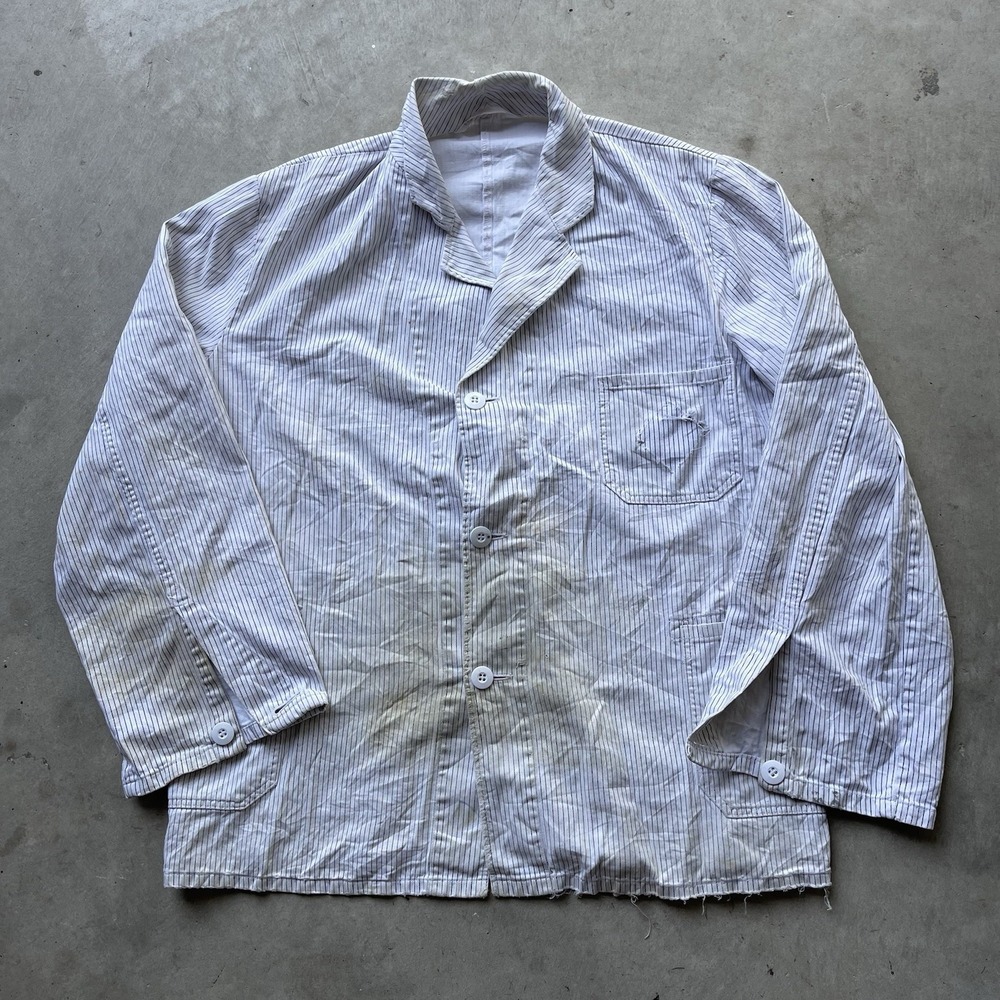 Vintage 60s French Workwear Chore Jacket White Pinstripe Distressed Faded Boxy